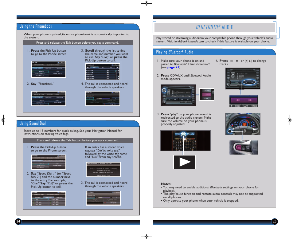 Bluetooth, Audio, Using the phonebook | Using speed dial, Playing bluetooth audio | HONDA 2013 Insight (with Navigation) - Technology Reference Guide User Manual | Page 14 / 16