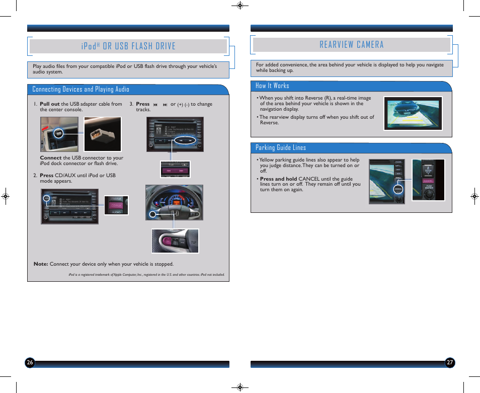 Ipod, Or usb flash drive, Rearview camera | HONDA 2013 Insight (with Navigation) - Technology Reference Guide User Manual | Page 15 / 16