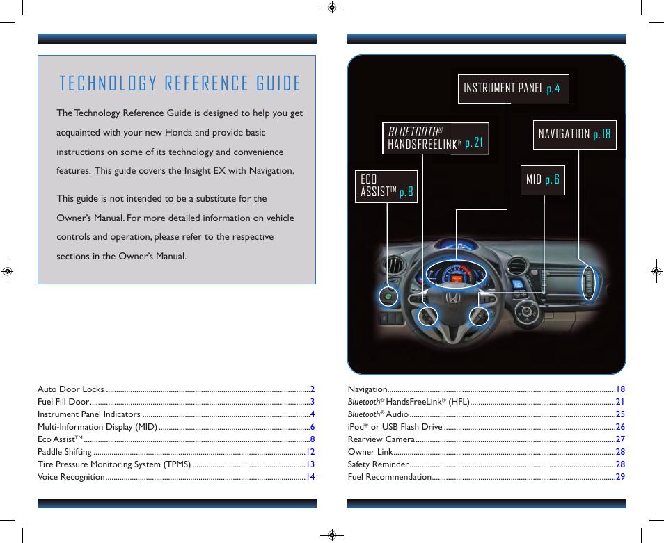 Technology reference guide, Eco assist, P.8 bluetooth | Handsfreelink, Instrument panel p.4 mid p.6 navigation p.18, P.21 | HONDA 2013 Insight (with Navigation) - Technology Reference Guide User Manual | Page 2 / 16