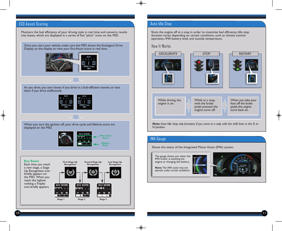 Eco assist scoring, Ima gauge, Auto idle stop | How it works | HONDA 2013 Insight (with Navigation) - Technology Reference Guide User Manual | Page 7 / 16