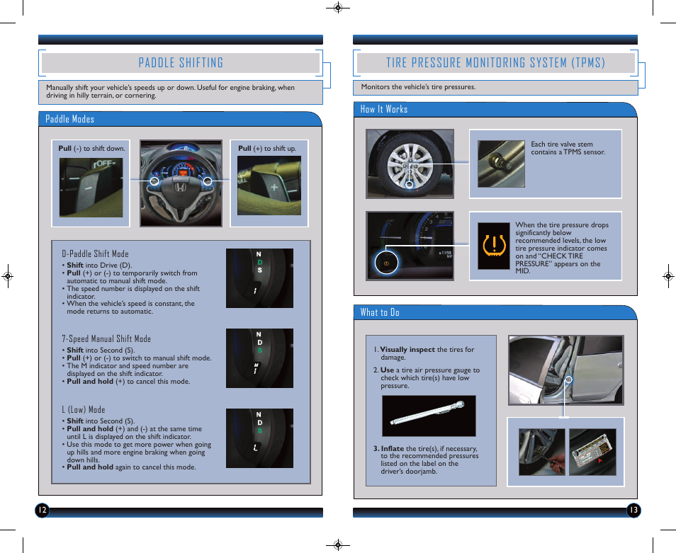 Paddle shifting, Tire pressure monitoring system (tpms) | HONDA 2013 Insight (with Navigation) - Technology Reference Guide User Manual | Page 8 / 16