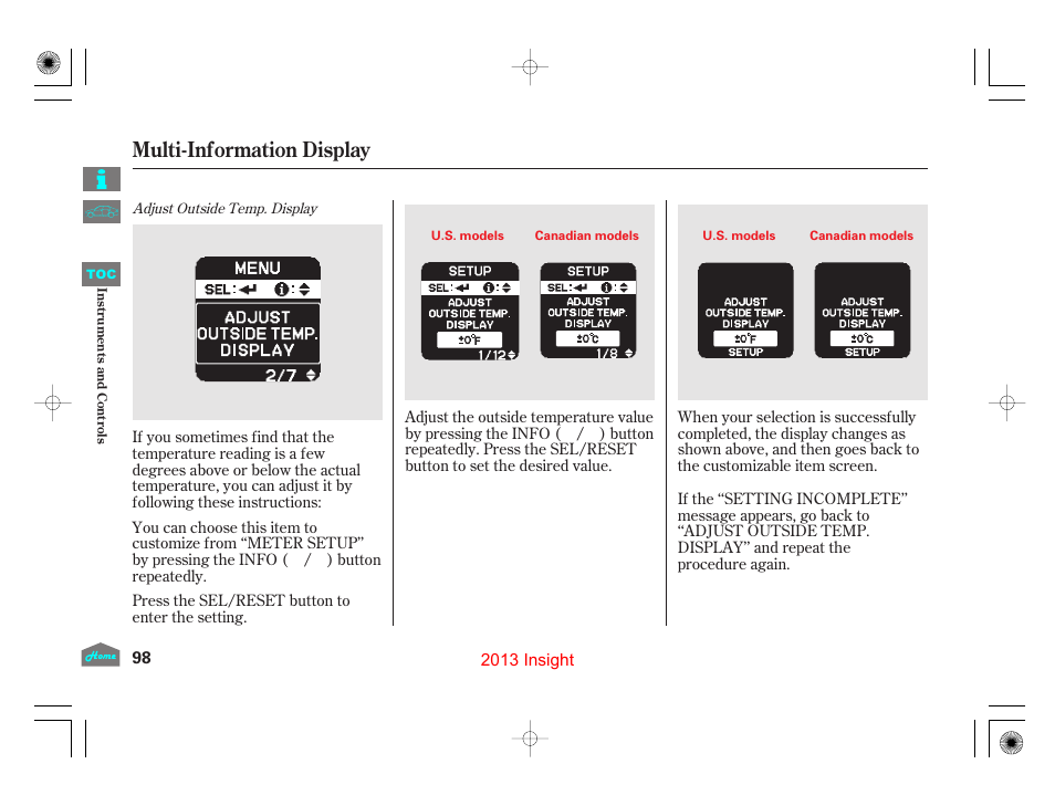 Multi-information display | HONDA 2013 Insight - Owner's Manual User Manual | Page 101 / 411