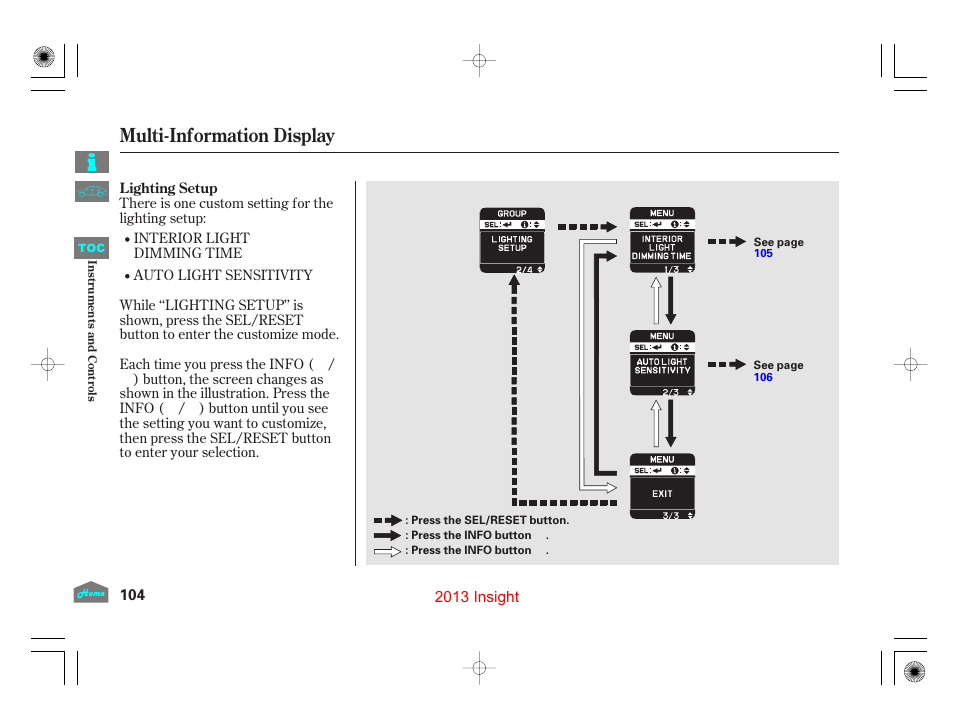 P.104, Multi-information display | HONDA 2013 Insight - Owner's Manual User Manual | Page 107 / 411