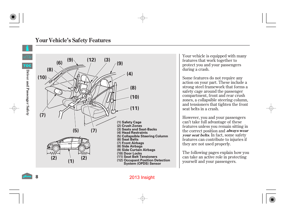 Your vehicle’s safety features | HONDA 2013 Insight - Owner's Manual User Manual | Page 11 / 411