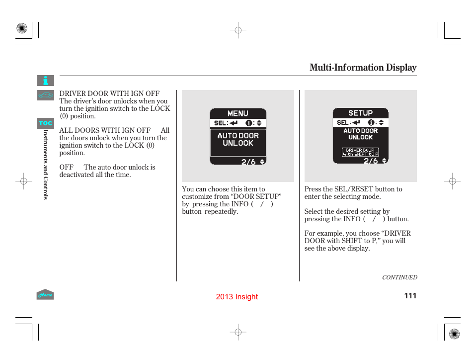 Multi-information display | HONDA 2013 Insight - Owner's Manual User Manual | Page 114 / 411