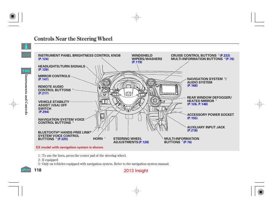 Controls near the steering wheel, 2013 insight | HONDA 2013 Insight - Owner's Manual User Manual | Page 121 / 411
