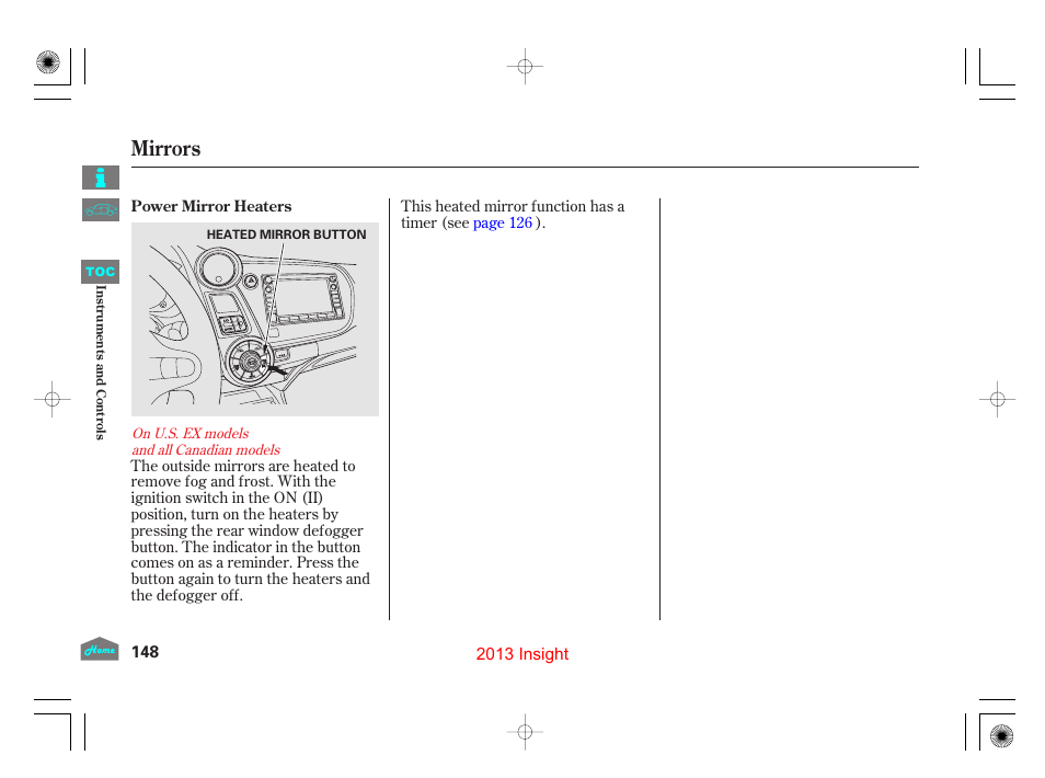Power mirror heaters, P.148), Mirrors | HONDA 2013 Insight - Owner's Manual User Manual | Page 151 / 411