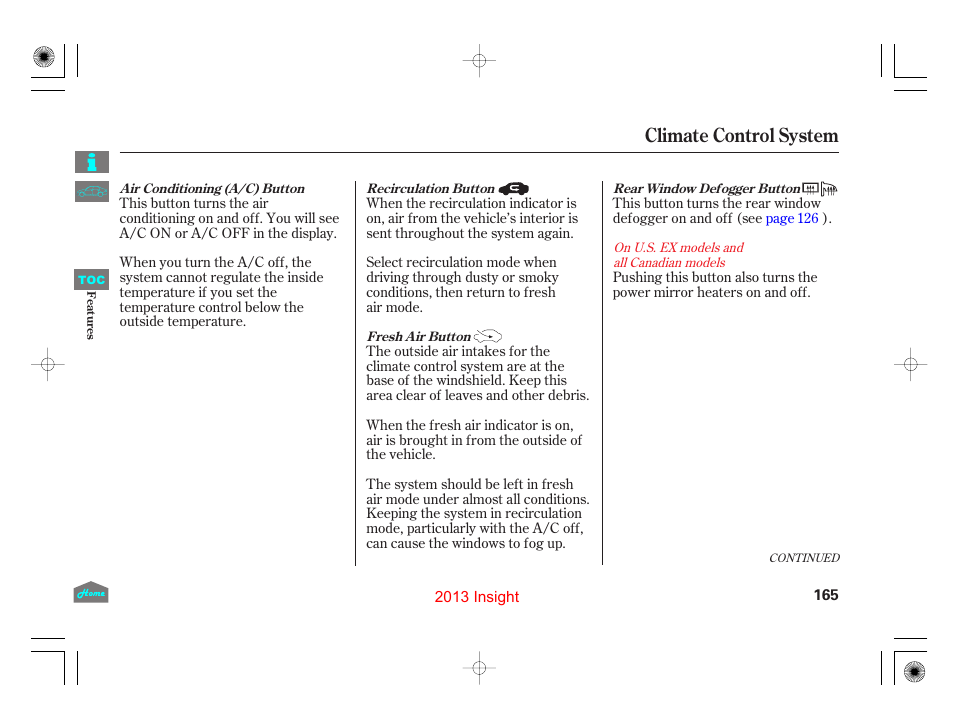 Climate control system | HONDA 2013 Insight - Owner's Manual User Manual | Page 168 / 411