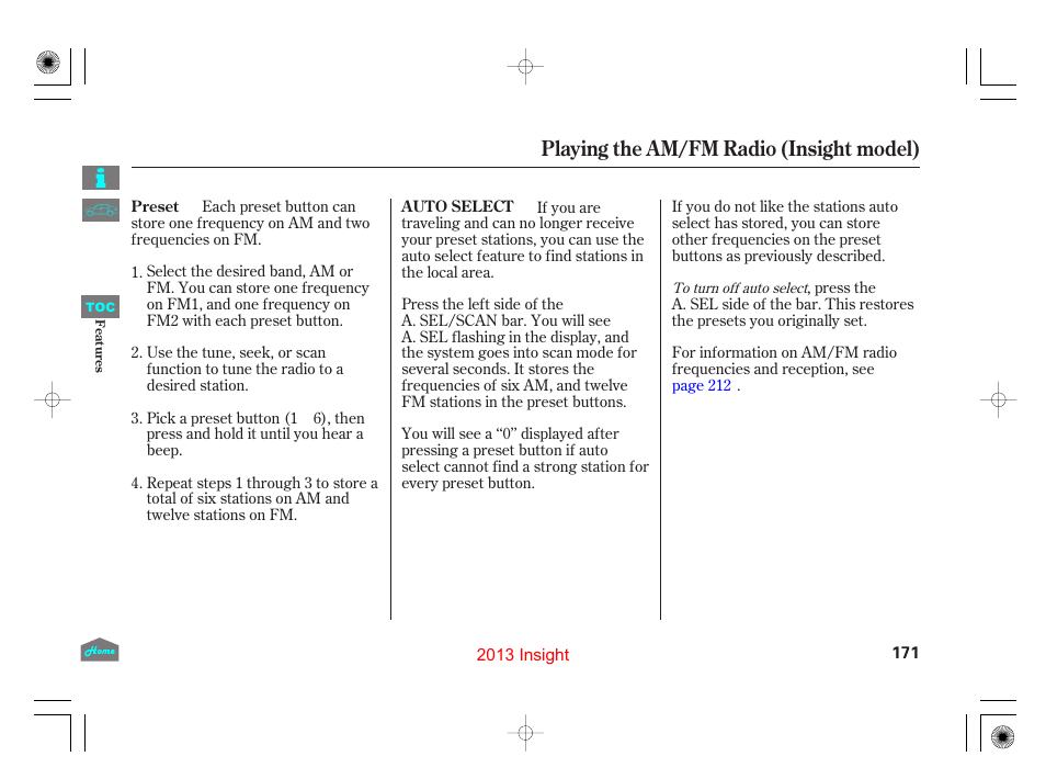 Playing the am/fm radio (insight model) | HONDA 2013 Insight - Owner's Manual User Manual | Page 174 / 411
