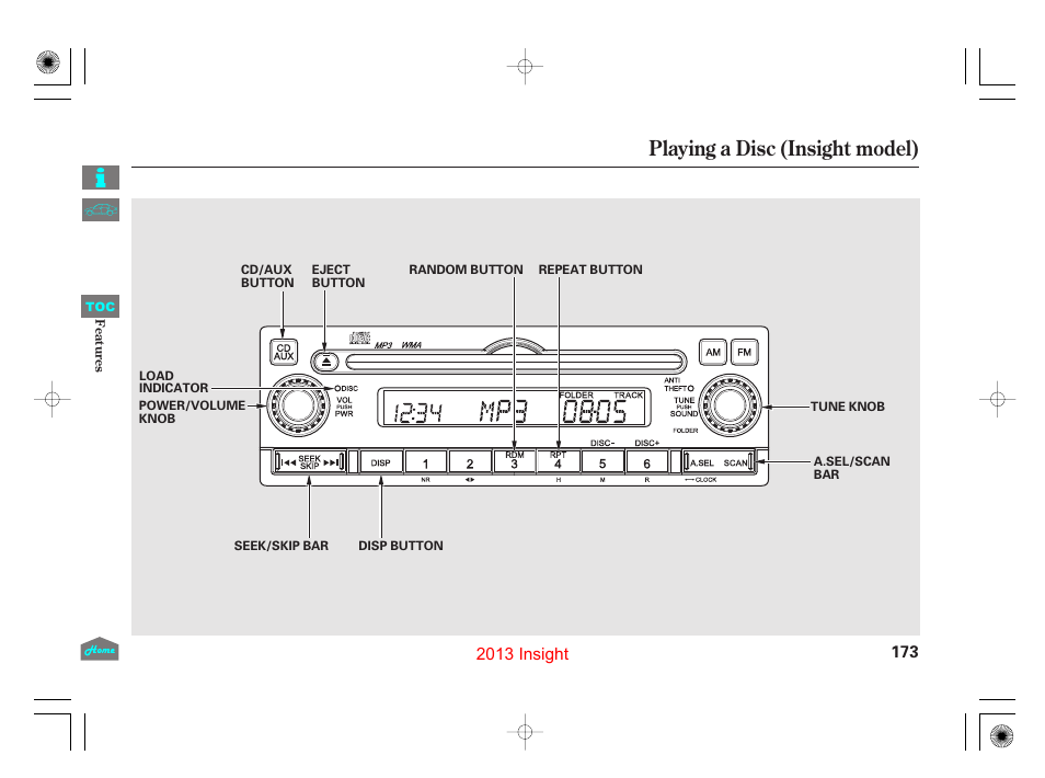 Playing a disc, Playing a disc (insight model) | HONDA 2013 Insight - Owner's Manual User Manual | Page 176 / 411