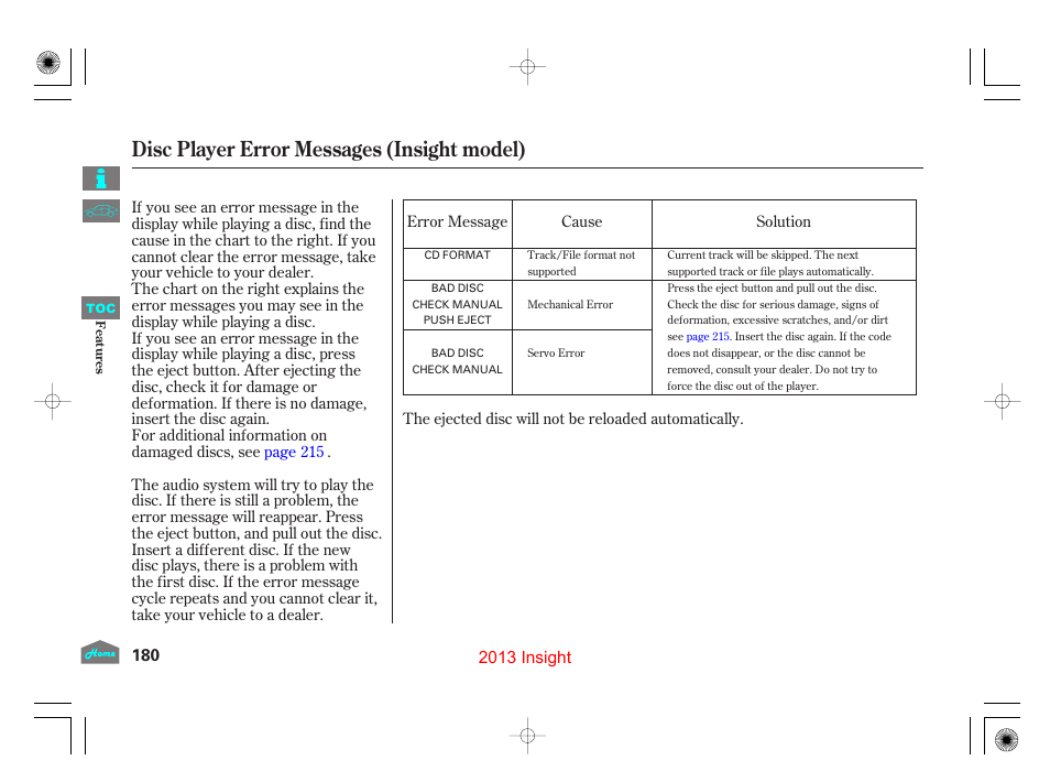 Disc player error messages, Disc player error messages (insight model), 2013 insight | HONDA 2013 Insight - Owner's Manual User Manual | Page 183 / 411