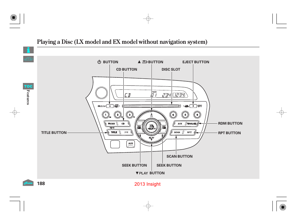 Playing a disc | HONDA 2013 Insight - Owner's Manual User Manual | Page 191 / 411