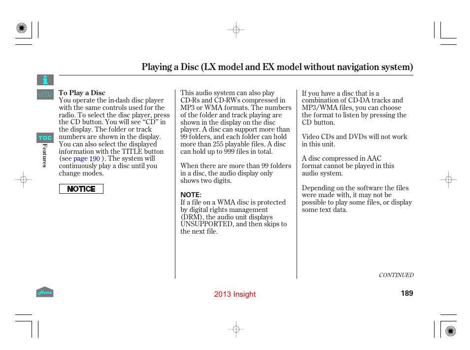 HONDA 2013 Insight - Owner's Manual User Manual | Page 192 / 411