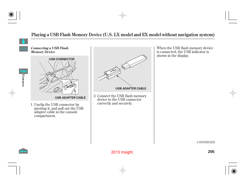 P.205), Usb adapter cable | HONDA 2013 Insight - Owner's Manual User Manual | Page 208 / 411