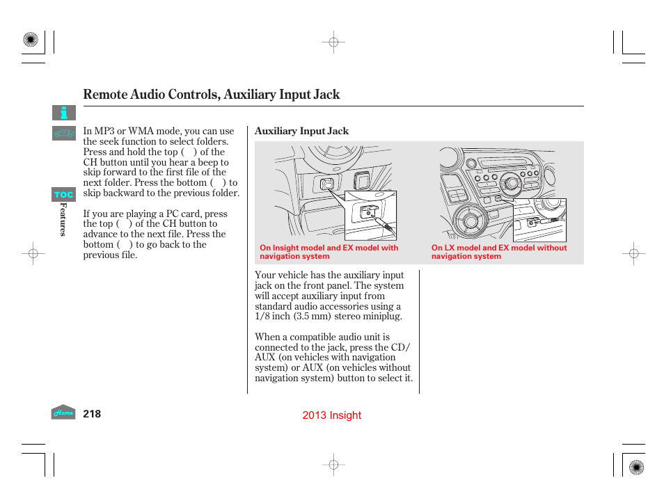 Auxiliary input jack, P.218), Remote audio controls, auxiliary input jack | HONDA 2013 Insight - Owner's Manual User Manual | Page 221 / 411