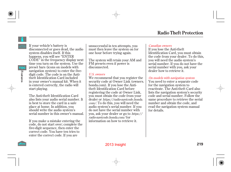 Radio theft protection | HONDA 2013 Insight - Owner's Manual User Manual | Page 222 / 411