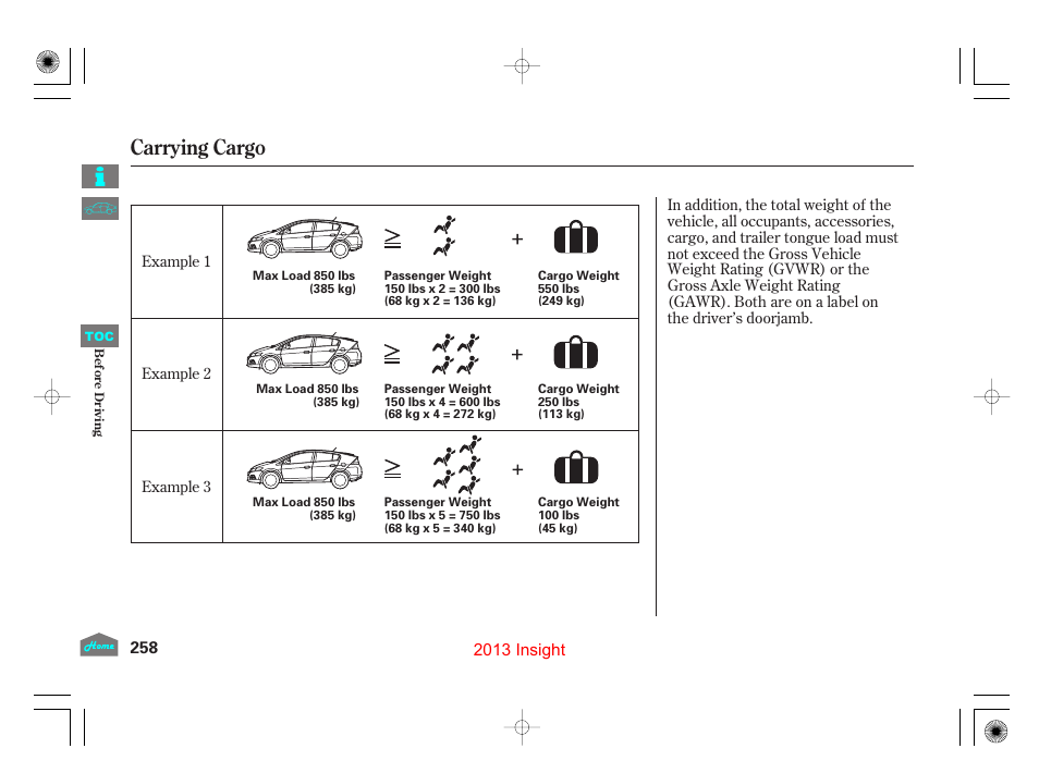 Carrying cargo | HONDA 2013 Insight - Owner's Manual User Manual | Page 261 / 411