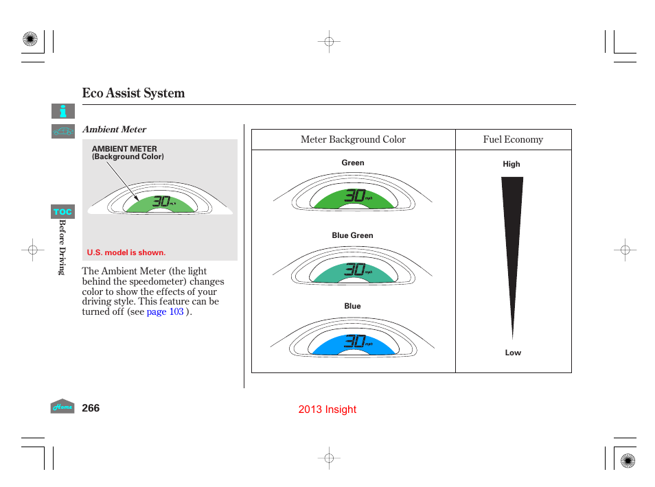 Eco assist system | HONDA 2013 Insight - Owner's Manual User Manual | Page 269 / 411