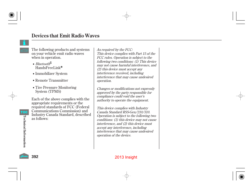 Devices that emit radiowaves, Devices that emit radio waves | HONDA 2013 Insight - Owner's Manual User Manual | Page 395 / 411