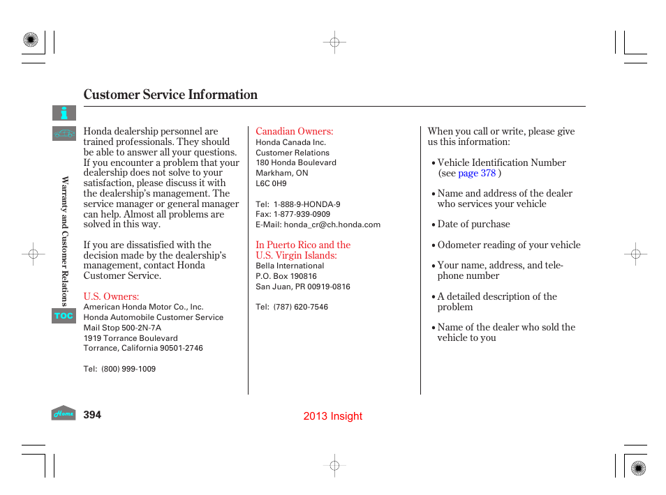 Customer service information | HONDA 2013 Insight - Owner's Manual User Manual | Page 397 / 411