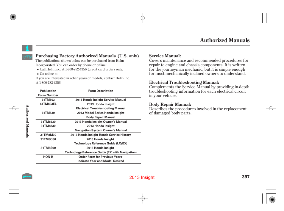 Authorizedmanuals, Authorized manuals, 2013 insight | HONDA 2013 Insight - Owner's Manual User Manual | Page 400 / 411