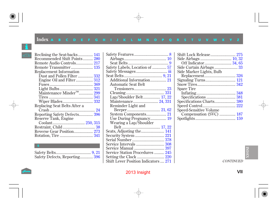 HONDA 2013 Insight - Owner's Manual User Manual | Page 407 / 411