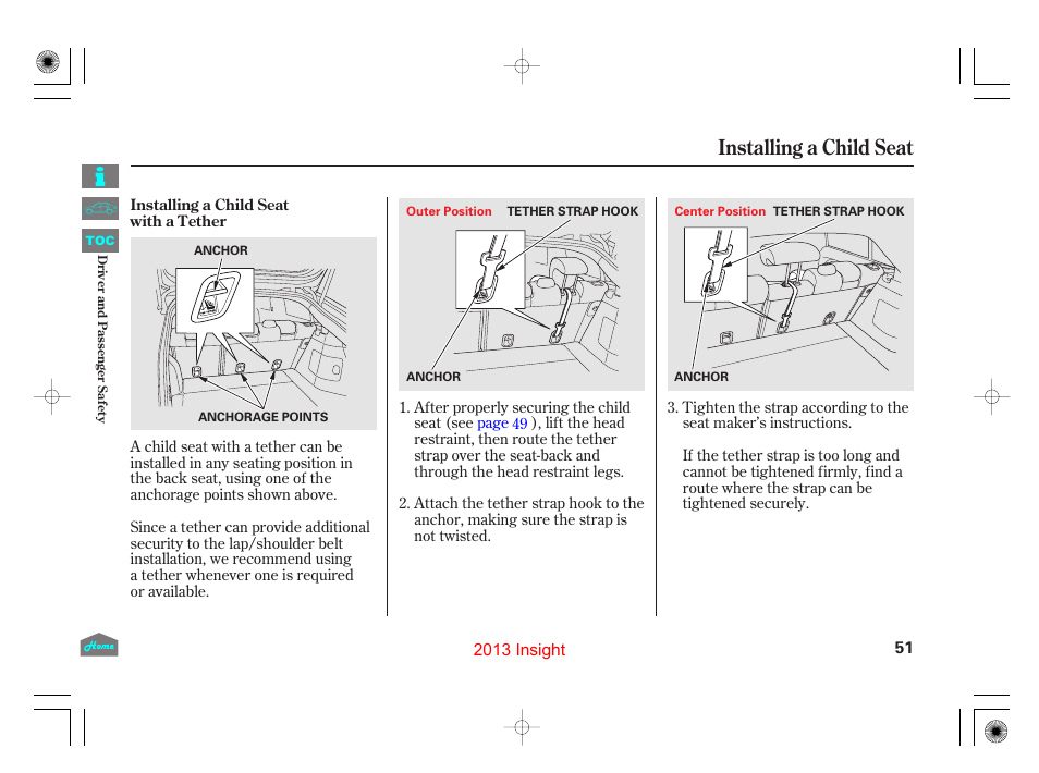 Installing a child seat with a tether, Installing a child seat | HONDA 2013 Insight - Owner's Manual User Manual | Page 54 / 411