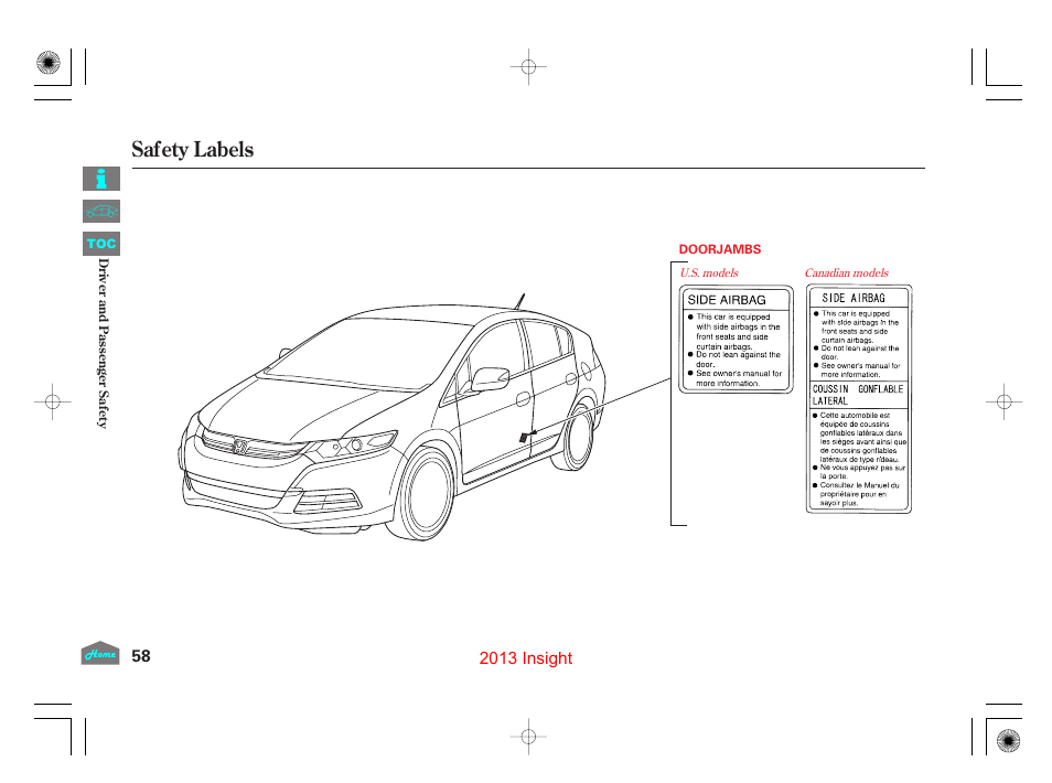 Safety labels | HONDA 2013 Insight - Owner's Manual User Manual | Page 61 / 411