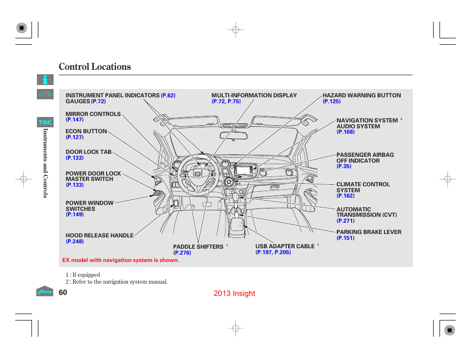 Control locations, 2013 insight | HONDA 2013 Insight - Owner's Manual User Manual | Page 63 / 411