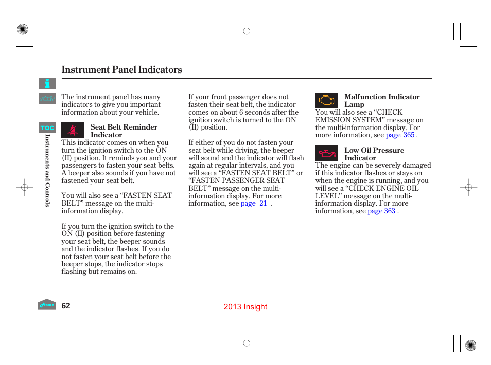 Instrument panel indicators, P.62), P.62 | HONDA 2013 Insight - Owner's Manual User Manual | Page 65 / 411