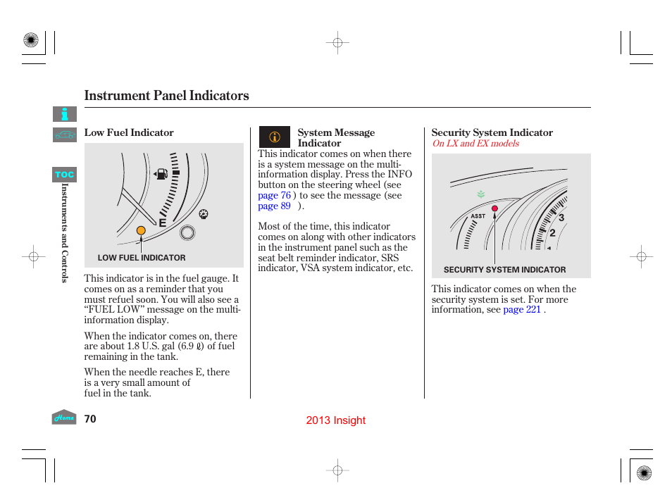 P.70), Instrument panel indicators | HONDA 2013 Insight - Owner's Manual User Manual | Page 73 / 411