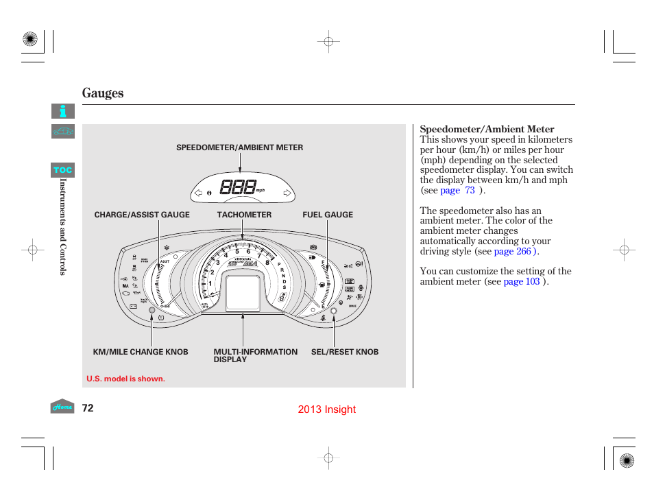 Gauges, P.72, P.72) | HONDA 2013 Insight - Owner's Manual User Manual | Page 75 / 411