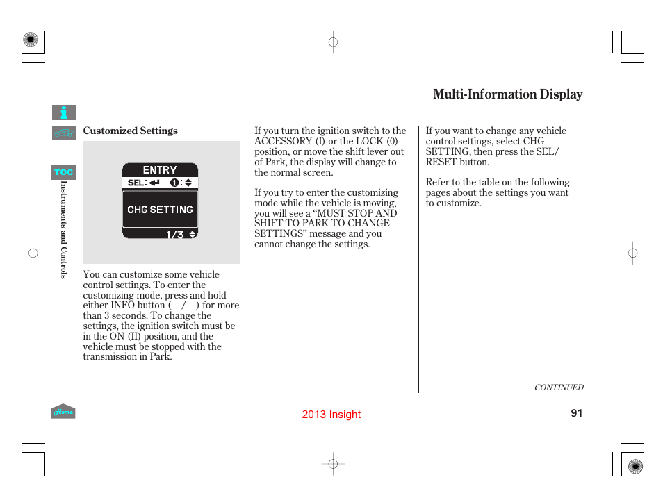 Multi-information display | HONDA 2013 Insight - Owner's Manual User Manual | Page 94 / 411