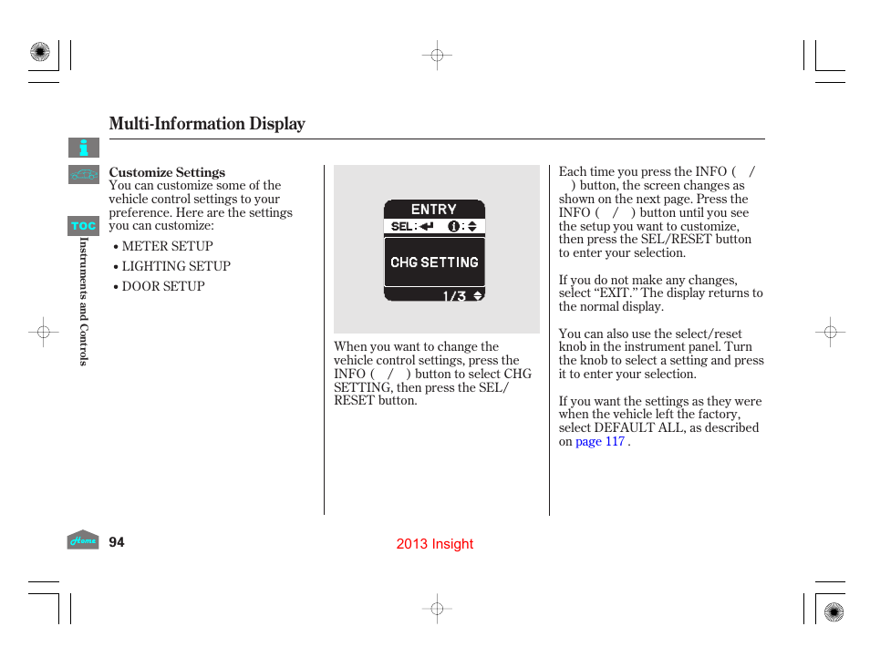 Multi-information display | HONDA 2013 Insight - Owner's Manual User Manual | Page 97 / 411