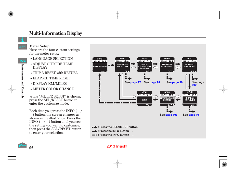 P.96), Multi-information display | HONDA 2013 Insight - Owner's Manual User Manual | Page 99 / 411