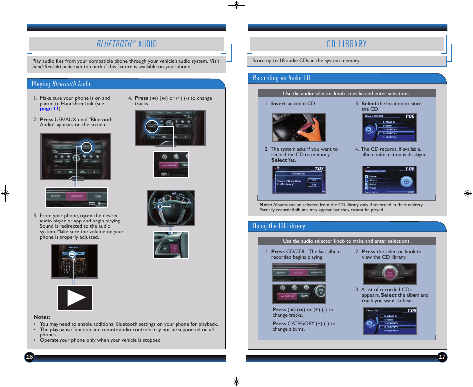 Bluetooth, Audio, Cd library | HONDA 2013 Odyssey (LX, EX, EX-L, & EX-L w/ RES) - Technology Reference Guide User Manual | Page 10 / 13