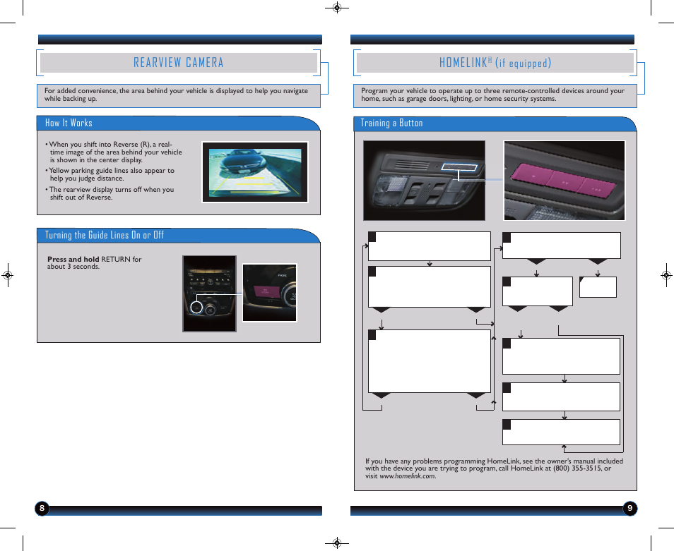 Homelink, Rearview camera, If equipped | Training a button, How it works, Turning the guide lines on or off | HONDA 2013 Odyssey (LX, EX, EX-L, & EX-L w/ RES) - Technology Reference Guide User Manual | Page 6 / 13