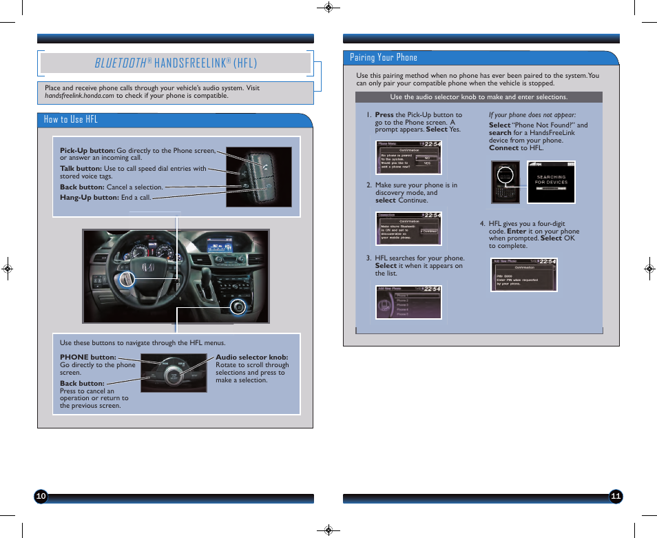 P.10, Bluetooth, Handsfreelink | Hfl) | HONDA 2013 Odyssey (LX, EX, EX-L, & EX-L w/ RES) - Technology Reference Guide User Manual | Page 7 / 13
