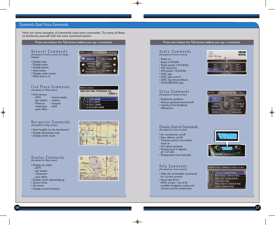 P. 17, Commonly used voice commands, Climate control commands | HONDA 2013 Odyssey (Touring & Touring Elite) - Technology Reference Guide User Manual | Page 10 / 21
