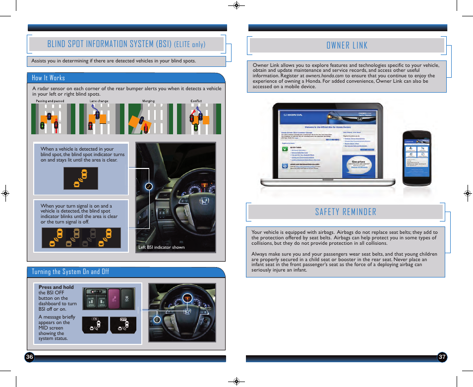 Blind spot information system (bsi), Owner link, Safety reminder | Elite only) | HONDA 2013 Odyssey (Touring & Touring Elite) - Technology Reference Guide User Manual | Page 20 / 21