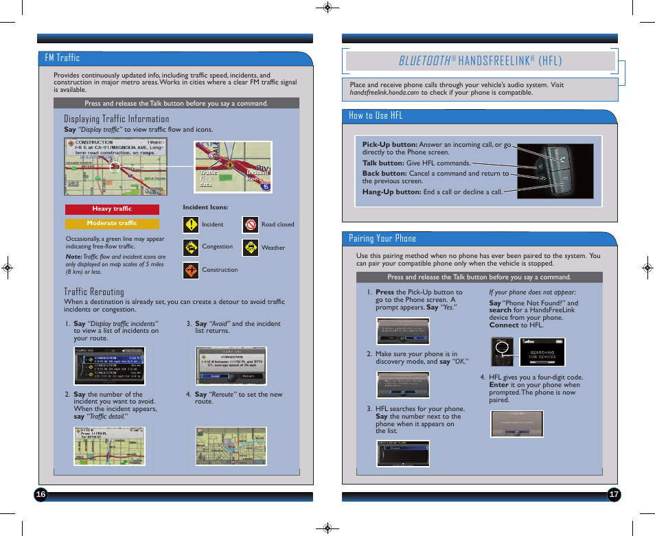 P.17, P. 17, Bluetooth | Handsfreelink, Hfl), How to use hfl fm traffic, Displaying traffic information, Traffic rerouting, Pairing your phone | HONDA 2013 Odyssey (EX-L with Navigation) - Technology Reference Guide User Manual | Page 10 / 16