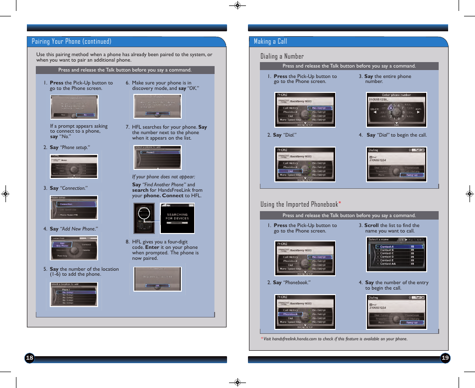 Pairing your phone (continued), Making a call dialing a number, Using the imported phonebook | HONDA 2013 Odyssey (EX-L with Navigation) - Technology Reference Guide User Manual | Page 11 / 16