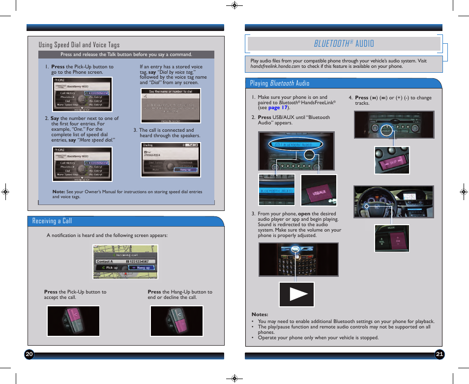 P.21, Bluetooth, Audio | Receiving a call, Using speed dial and voice tags, Playing bluetooth audio | HONDA 2013 Odyssey (EX-L with Navigation) - Technology Reference Guide User Manual | Page 12 / 16