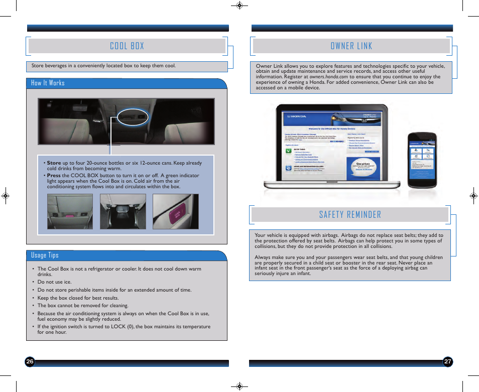 Cool box, Owner link, Safety reminder | HONDA 2013 Odyssey (EX-L with Navigation) - Technology Reference Guide User Manual | Page 15 / 16