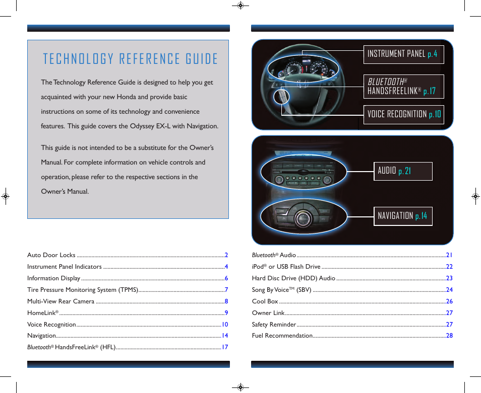 Technology reference guide, Bluetooth, Handsfreelink | HONDA 2013 Odyssey (EX-L with Navigation) - Technology Reference Guide User Manual | Page 2 / 16