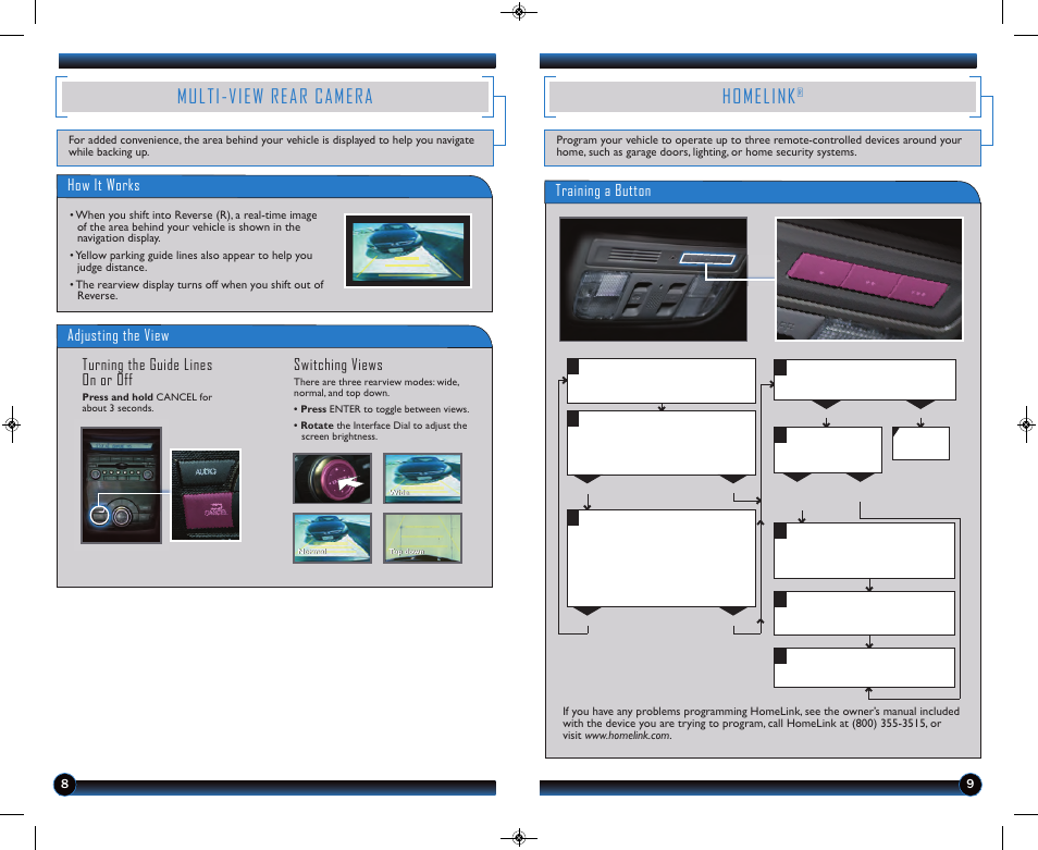 Multi-view rear camera, Homelink, Training a button | Adjusting the view, Turning the guide lines on or off switching views, How it works | HONDA 2013 Odyssey (EX-L with Navigation) - Technology Reference Guide User Manual | Page 6 / 16