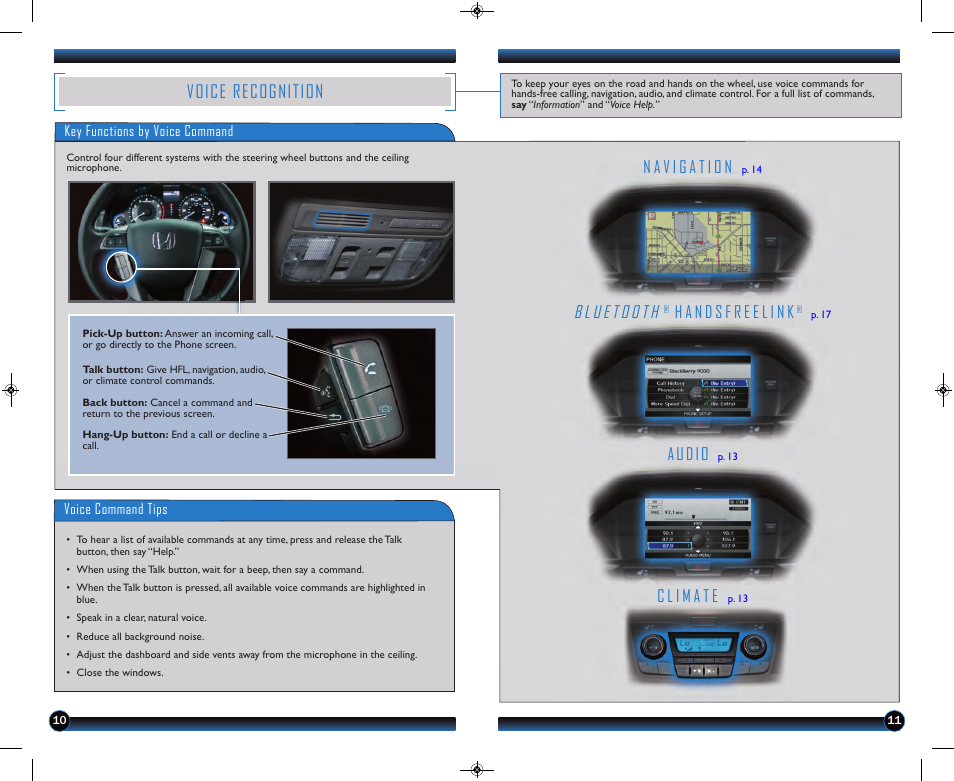 P.10, Voice recognition, Audio | HONDA 2013 Odyssey (EX-L with Navigation) - Technology Reference Guide User Manual | Page 7 / 16