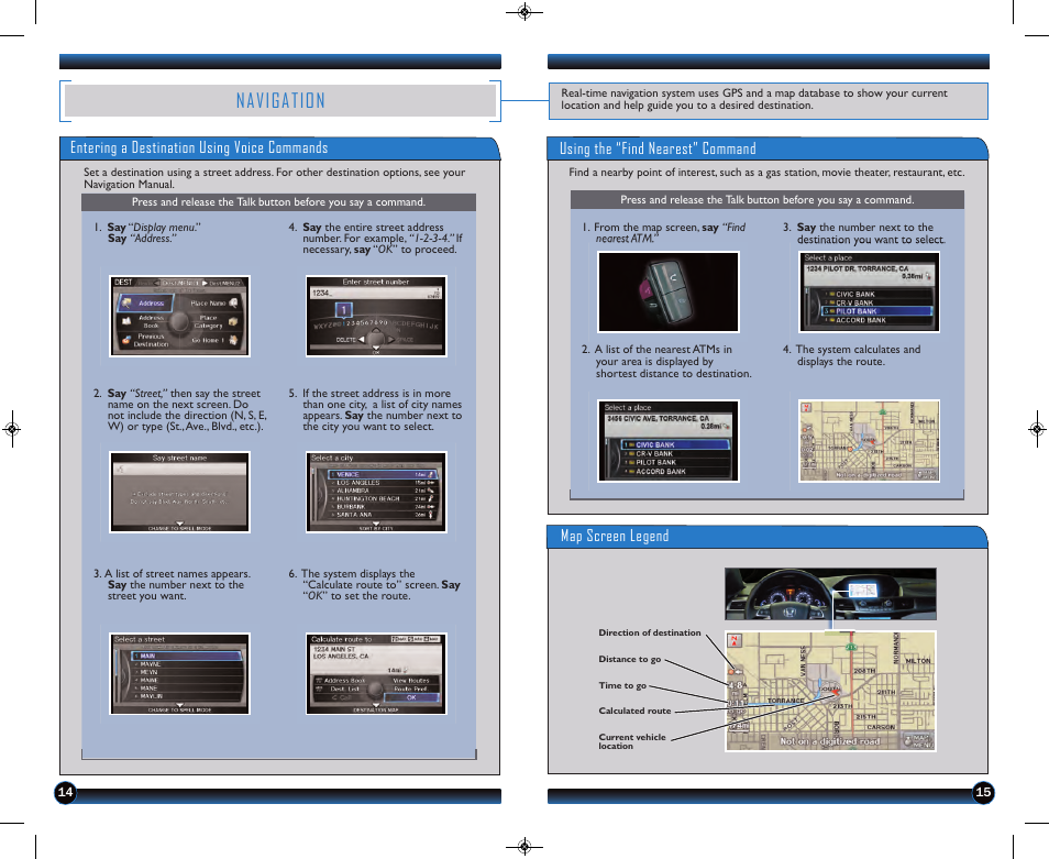 P.14, Navigation, Entering a destination using voice commands | Using the “find nearest” command map screen legend | HONDA 2013 Odyssey (EX-L with Navigation) - Technology Reference Guide User Manual | Page 9 / 16