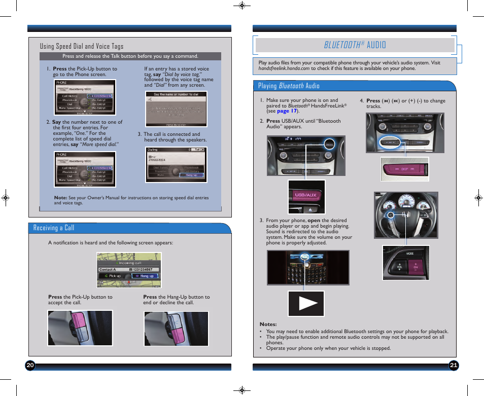 P.21, Bluetooth, Audio | Using speed dial and voice tags, Playing bluetooth audio, Receiving a call | HONDA 2013 Pilot (EX-L with Navigation) - Technology Reference Guide User Manual | Page 12 / 15