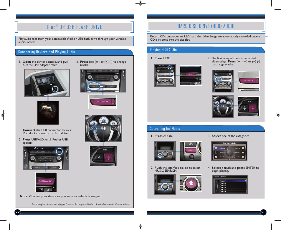 Ipod, Or usb flash drive, Hard disc drive (hdd) audio | HONDA 2013 Pilot (EX-L with Navigation) - Technology Reference Guide User Manual | Page 13 / 15